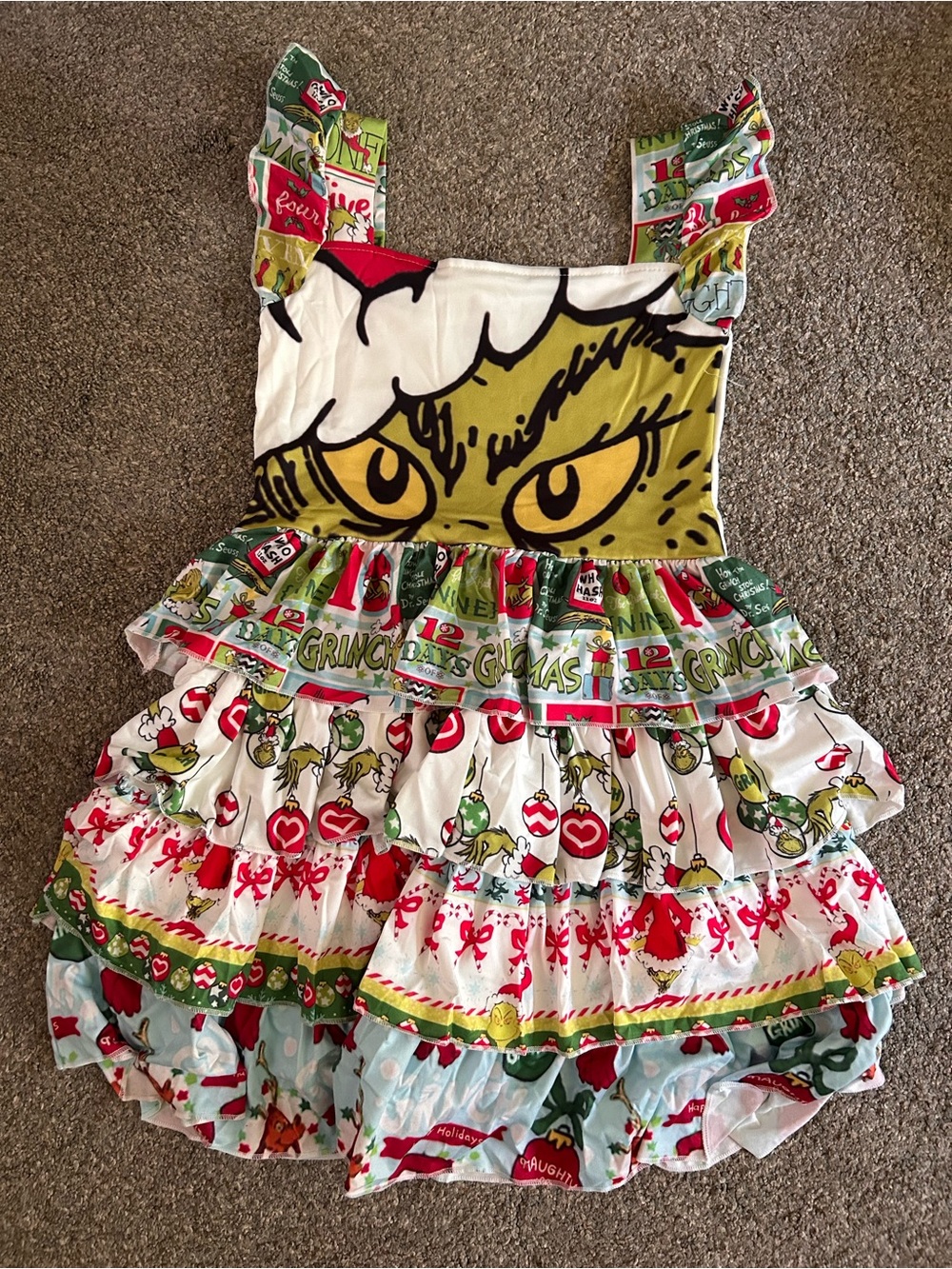 Girls' Grinch Multi-Color Ruffle Holiday Dress